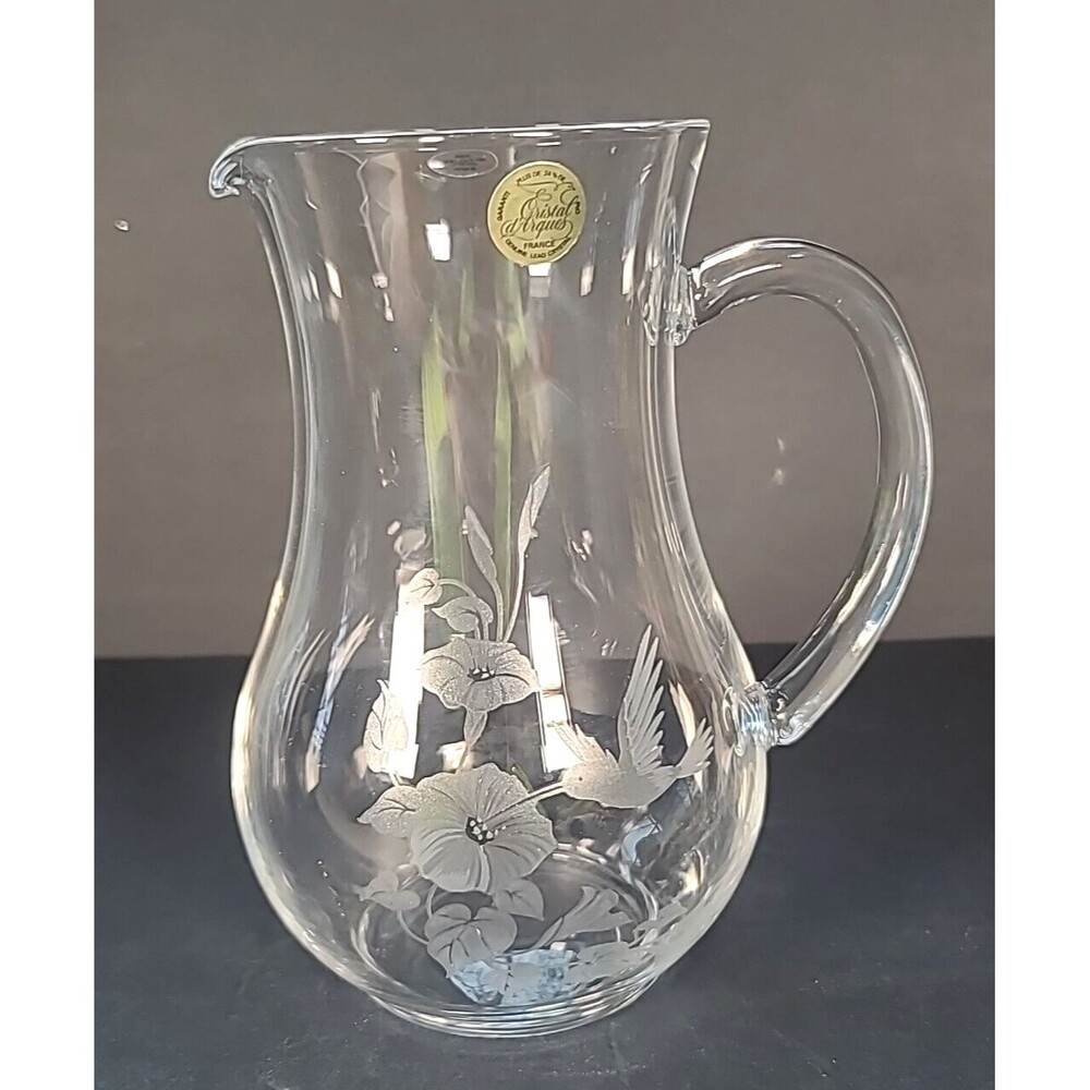 Lead Crystal Pitcher Hummingbird Etched Design Hand Blown in France Avon VTG - Picture 9 of 10